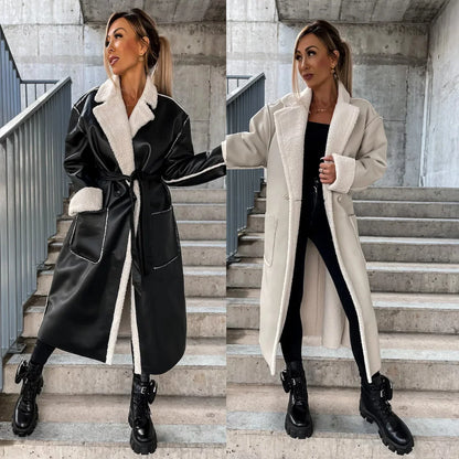 Women's Long Leather Coat - Casual Windbreaker with Belt