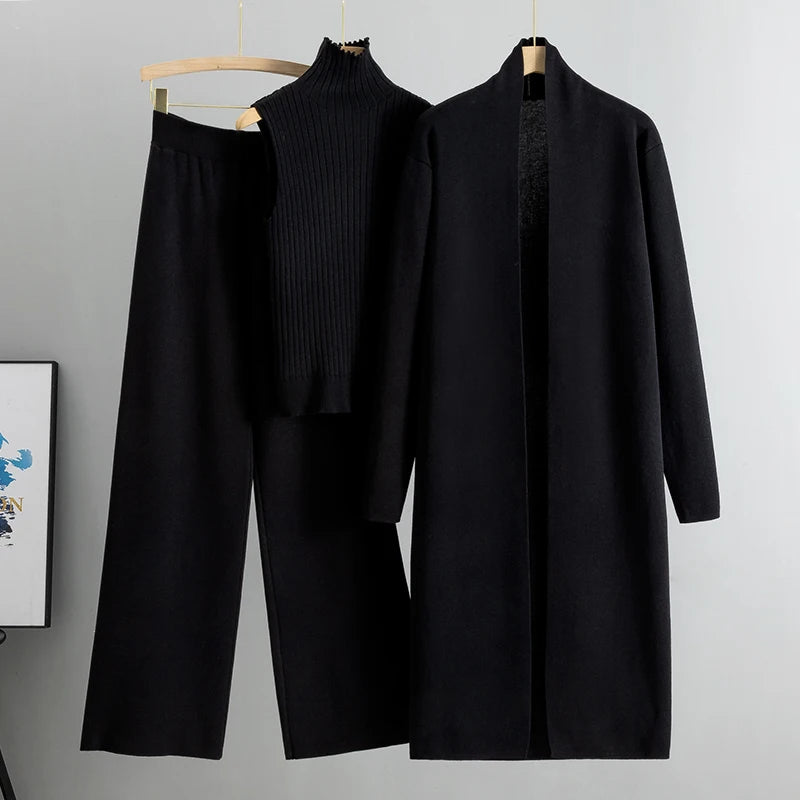 Women's 3 Piece Cardigan Set - Knitted Tracksuit & Pants