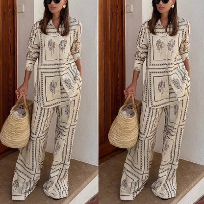 Printed Shirts Two Piece Set Women Long Sleeve Lapel Shirts High Waist Wide Leg Pants Suit For Women