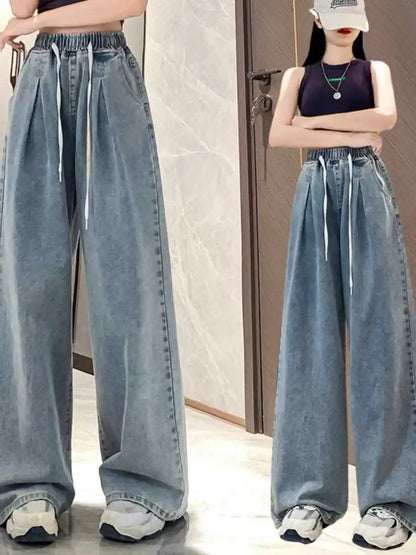 High Waist Straight Leg Elastic Waist Drawstring