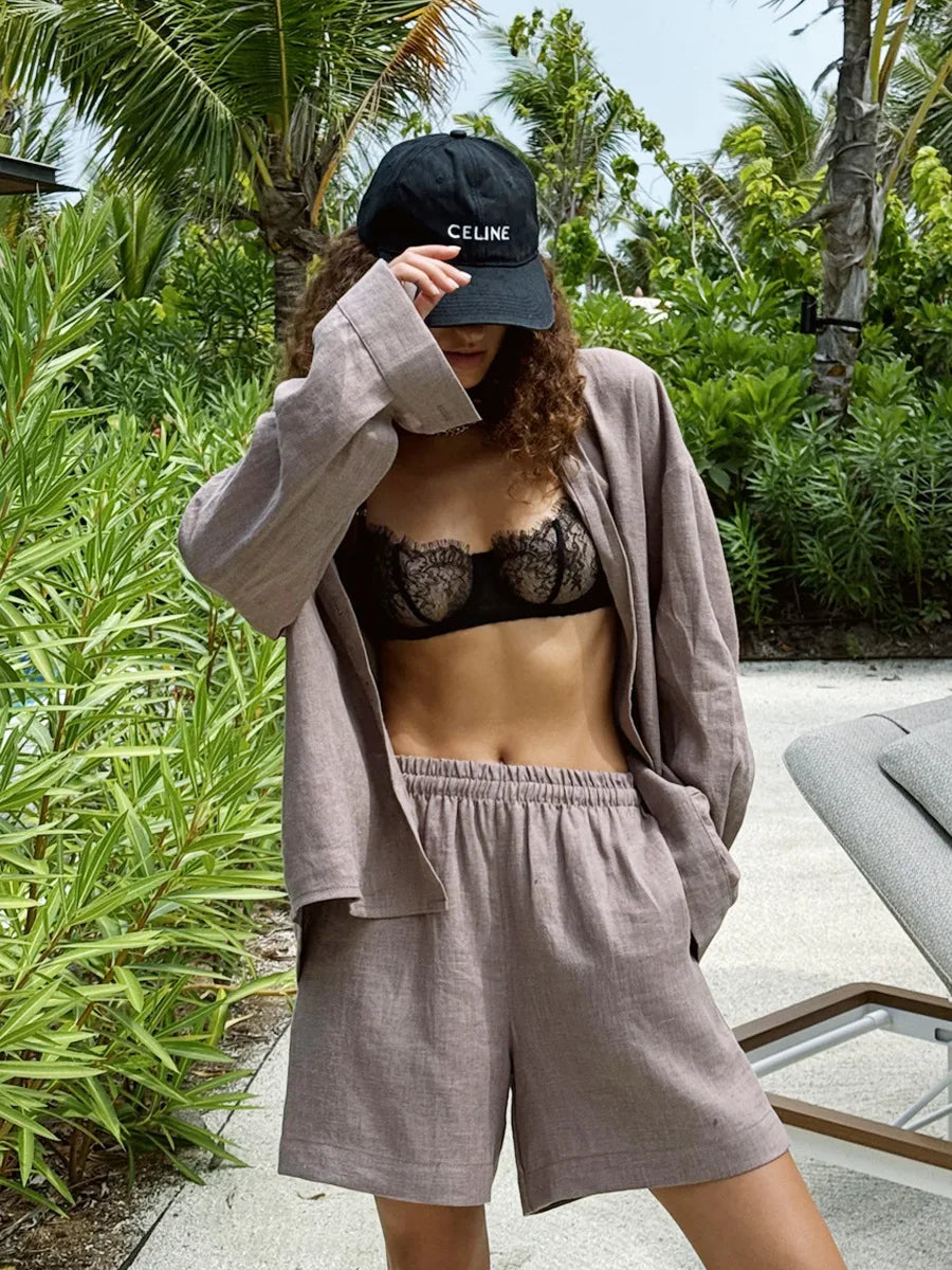 Women's Cotton Casual Set - Long Sleeve Shirt & Pants