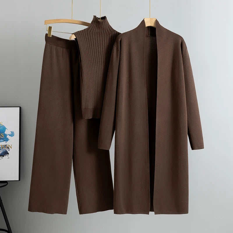 Women's 3 Piece Cardigan Set - Knitted Tracksuit & Pants