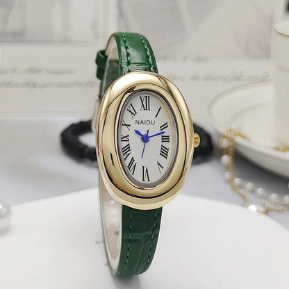 Vintage Oval Goose Egg Quartz Leather Watch for Women – Elegant Christmas Gift