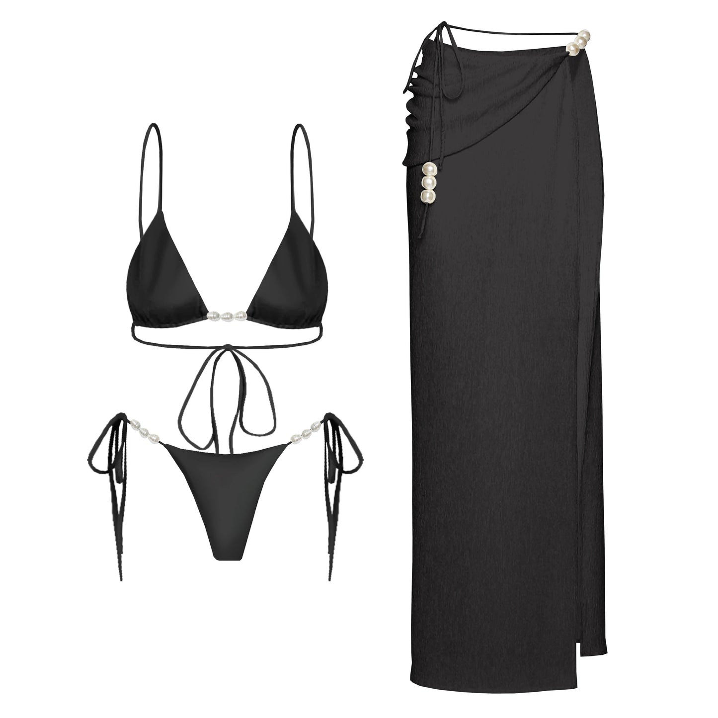 3Pcs Sexy Bikini Set With Cover Up Pearls White Swimsuit Women Halter Swimwear Female Off Shoulder Bathingsuit Biquini Beachwear