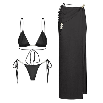3Pcs Sexy Bikini Set With Cover Up Pearls White Swimsuit Women Halter Swimwear Female Off Shoulder Bathingsuit Biquini Beachwear