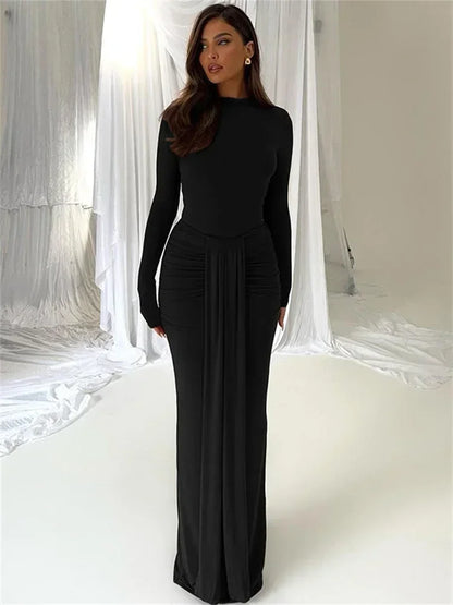 2 Piece-Set Maxi Skirt Casual High Waist Jumpsuit And Pleated Long Skirt Outfits Sexy Solid Skinny Outfits