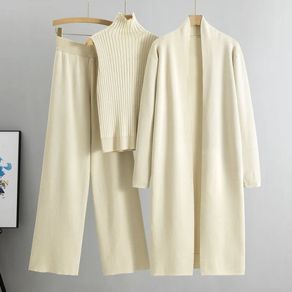 Women's 3 Piece Cardigan Set - Knitted Tracksuit & Pants