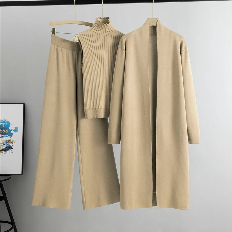 Women's 3 Piece Cardigan Set - Knitted Tracksuit & Pants
