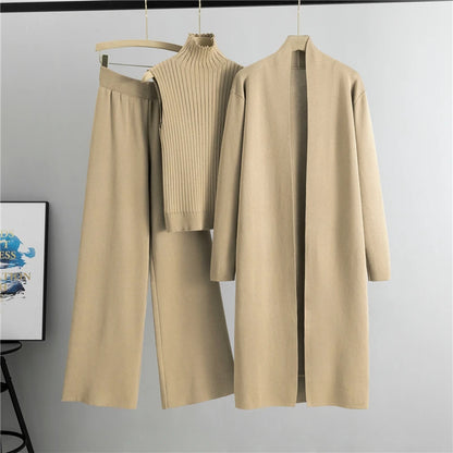 Women's 3 Piece Cardigan Set - Knitted Tracksuit & Pants