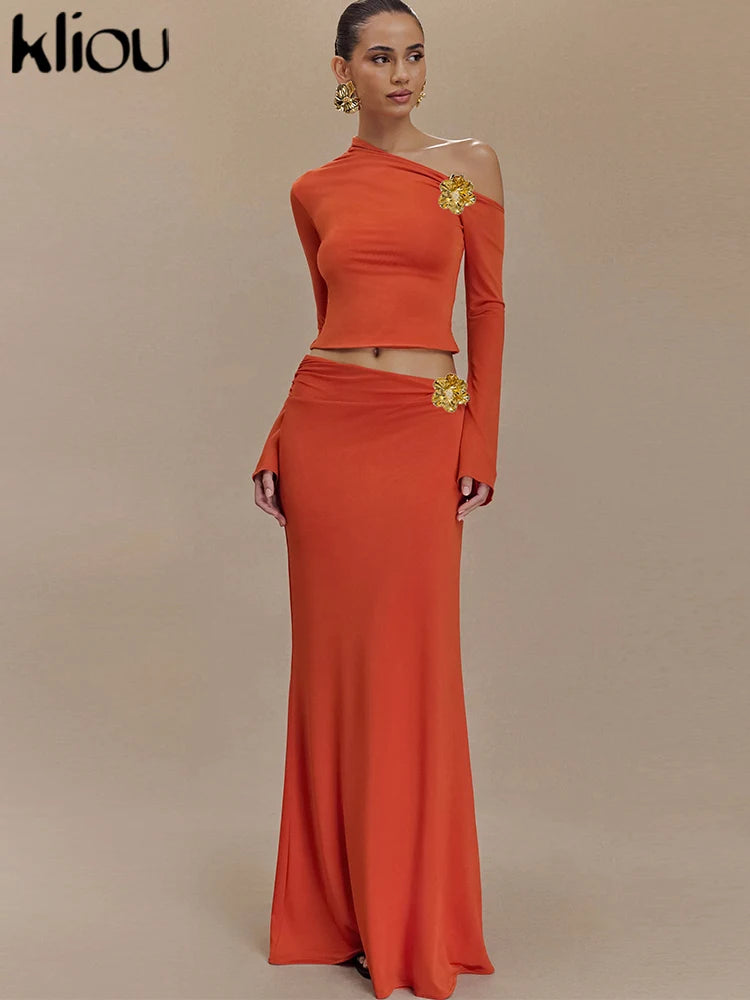 Long Sleeve Crop Top Maxi Skirt Two-Piece Set