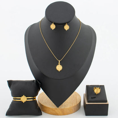 18k Gold Plated Earrings Necklace Jewelry Set for Girl African Cuff Bangle and Finger Ring Set for Jewelry Set Accessories
