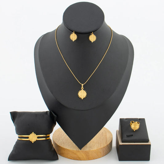 18k Gold Plated Earrings Necklace Jewelry Set for Girl African Cuff Bangle and Finger Ring Set for Jewelry Set Accessories