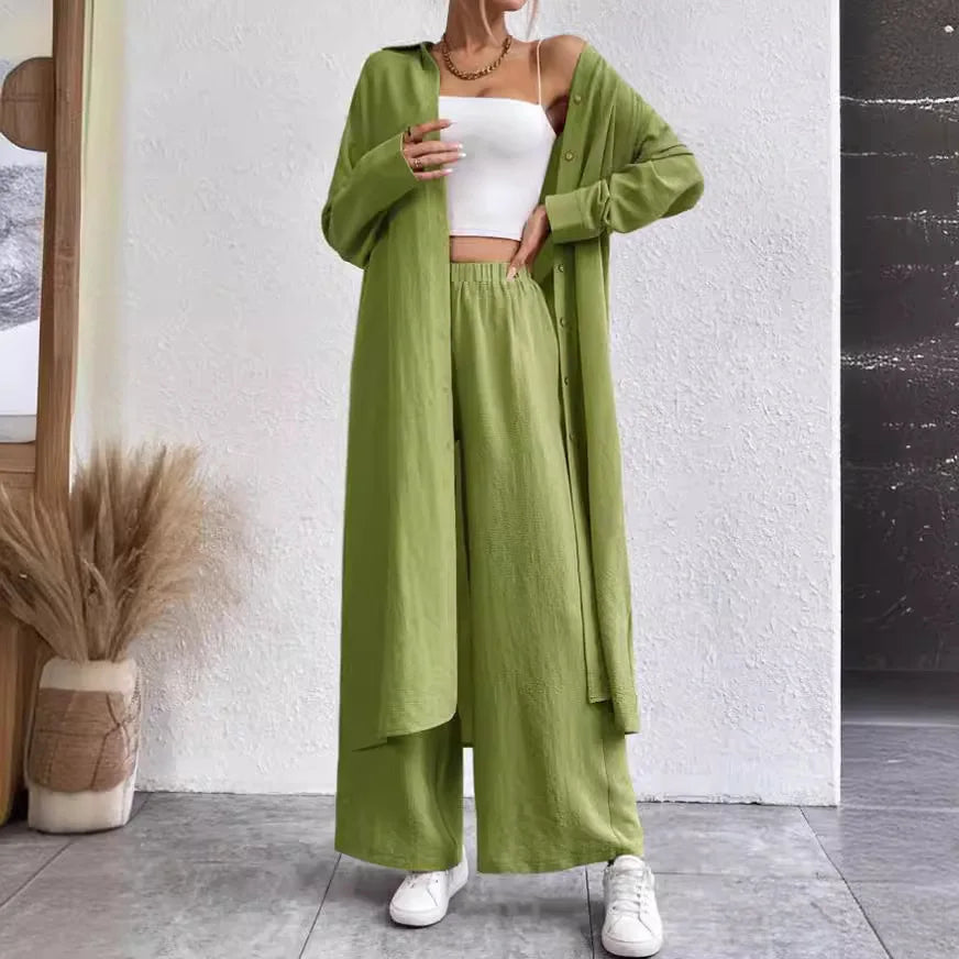 Two Piece Sets Women Solid Long Cardigan Full Sleeve Shirts Button Wide Leg Pants Suits Solid Loose Casual Lady Spring