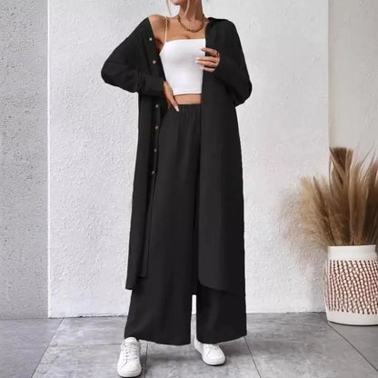 Two Piece Sets Women Solid Long Cardigan Full Sleeve Shirts Button Wide Leg Pants Suits Solid Loose Casual Lady Spring
