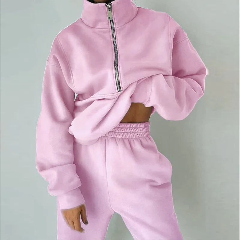 Women's Matching Two Piece Set - Zip Up Sweater & Sweatpants