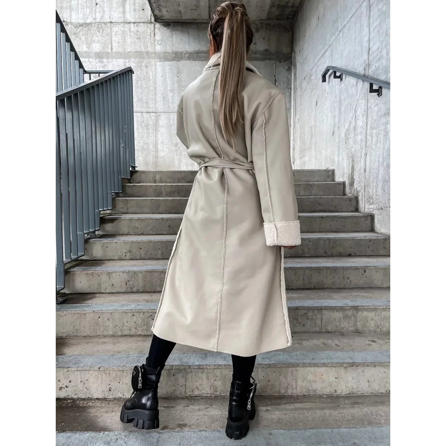 Women's Long Leather Coat - Casual Windbreaker with Belt