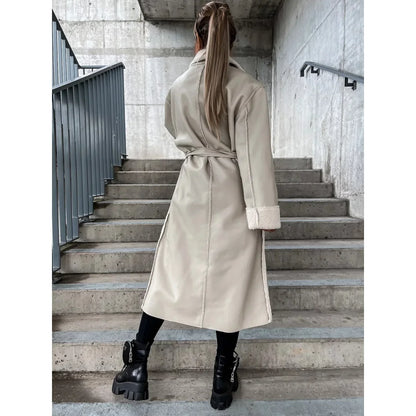 Women's Long Leather Coat - Casual Windbreaker with Belt