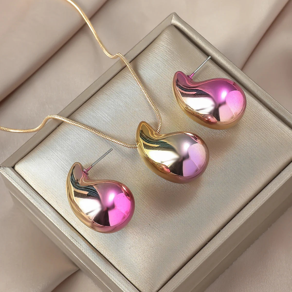 3pcs Women's Stylish Water Drop Design Necklace And Earring Set Fashionable Long Geometric Earrings Jewelry Suit for Parties
