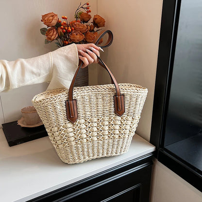 Summer Straw Bags for Women Straw Shoulder Bags Rattan Woven Top Handle Bag Hollow Raffia Crochet Beach Bag Casual Handbags