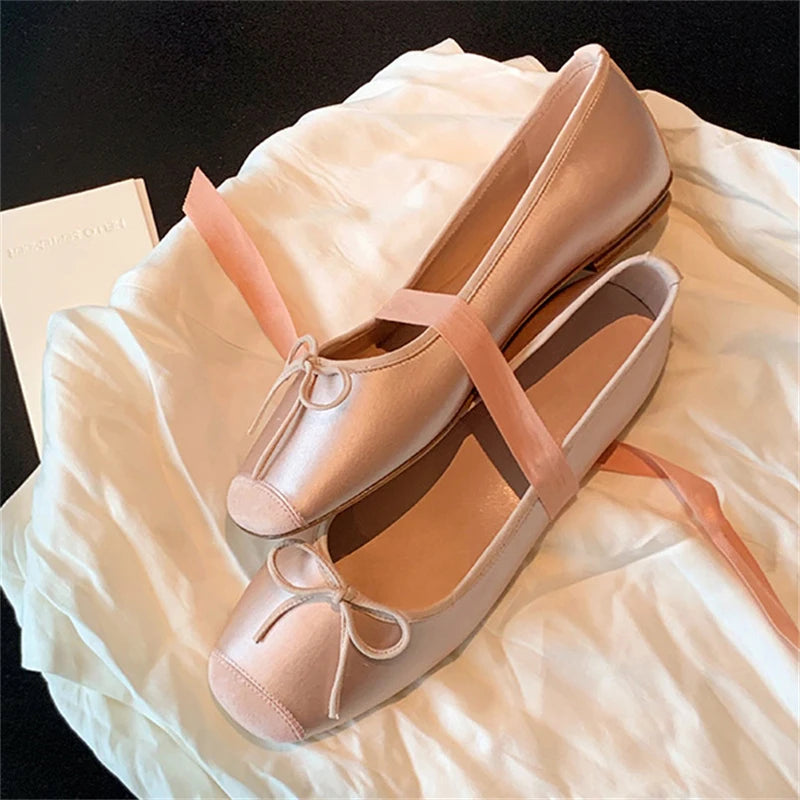Fashion Elegant Silk Ballerinas Women Pumps Slip On Loafers Round Toe Square Heels Bowknot Casual Spring Autumn Shoes