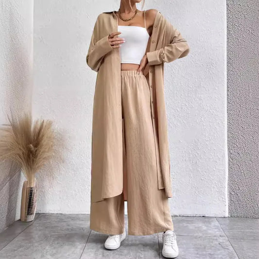 Two Piece Sets Women Solid Long Cardigan Full Sleeve Shirts Button Wide Leg Pants Suits Solid Loose Casual Lady Spring