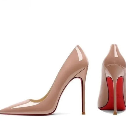 These shallow high heels feature a striking red bottom and pointed toe, combining fashion and elegance for a sexy, confident look.