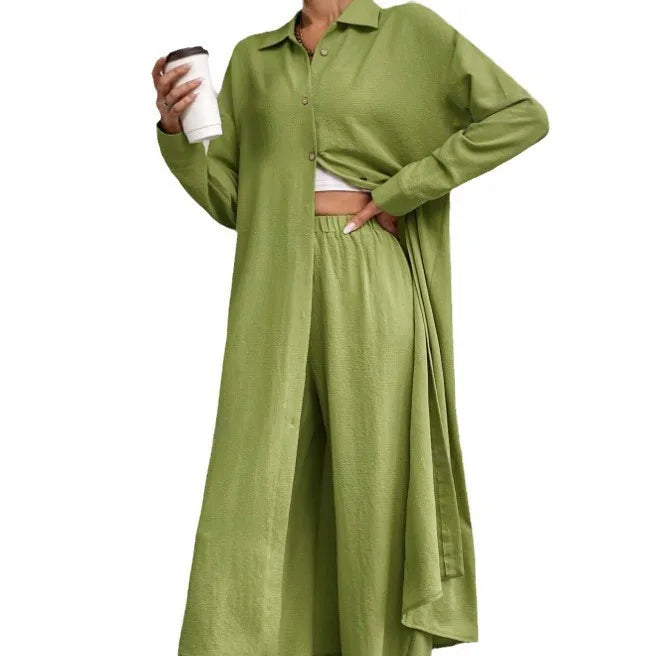 Two Piece Sets Women Solid Long Cardigan Full Sleeve Shirts Button Wide Leg Pants Suits Solid Loose Casual Lady Spring