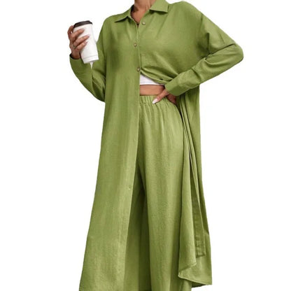 Two Piece Sets Women Solid Long Cardigan Full Sleeve Shirts Button Wide Leg Pants Suits Solid Loose Casual Lady Spring