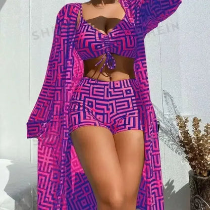 Best Selling High Waist Beachwear Women's Two-Piece Swimsuit Cover up Three-Piece Set Gathered
