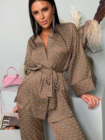 Two piece silk set   Long Sleeve Drop Shoulder Shirt & High Elastic Waist