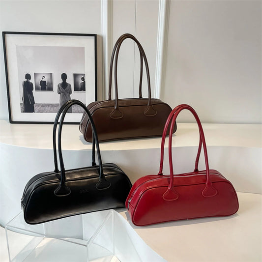Vintage French Baguette Bag PU Leather Shoulder Purse with Metal Feet & Subtle Logo Spacious Daily for Women Handbag