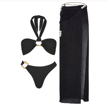 3Pcs Sexy Bikini Set With Cover Up Pearls White Swimsuit Women Halter Swimwear Female Off Shoulder Bathingsuit Biquini Beachwear