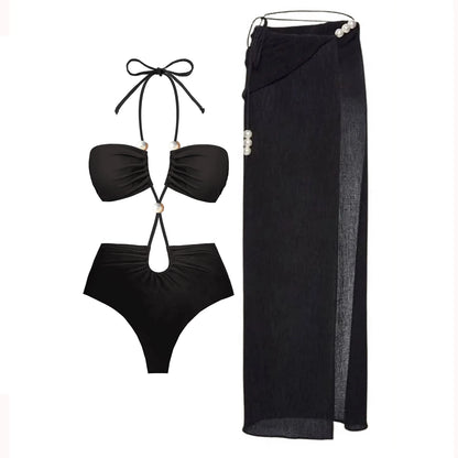 3Pcs Sexy Bikini Set With Cover Up Pearls White Swimsuit Women Halter Swimwear Female Off Shoulder Bathingsuit Biquini Beachwear
