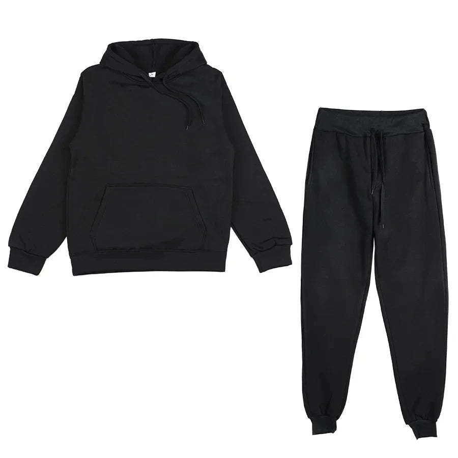 Men Women Tracksuit Hoodies Casual Solid Color Thick Pullover and Long Pant 2-piece Set Men Autumn Fleece Jogger Sports Suit