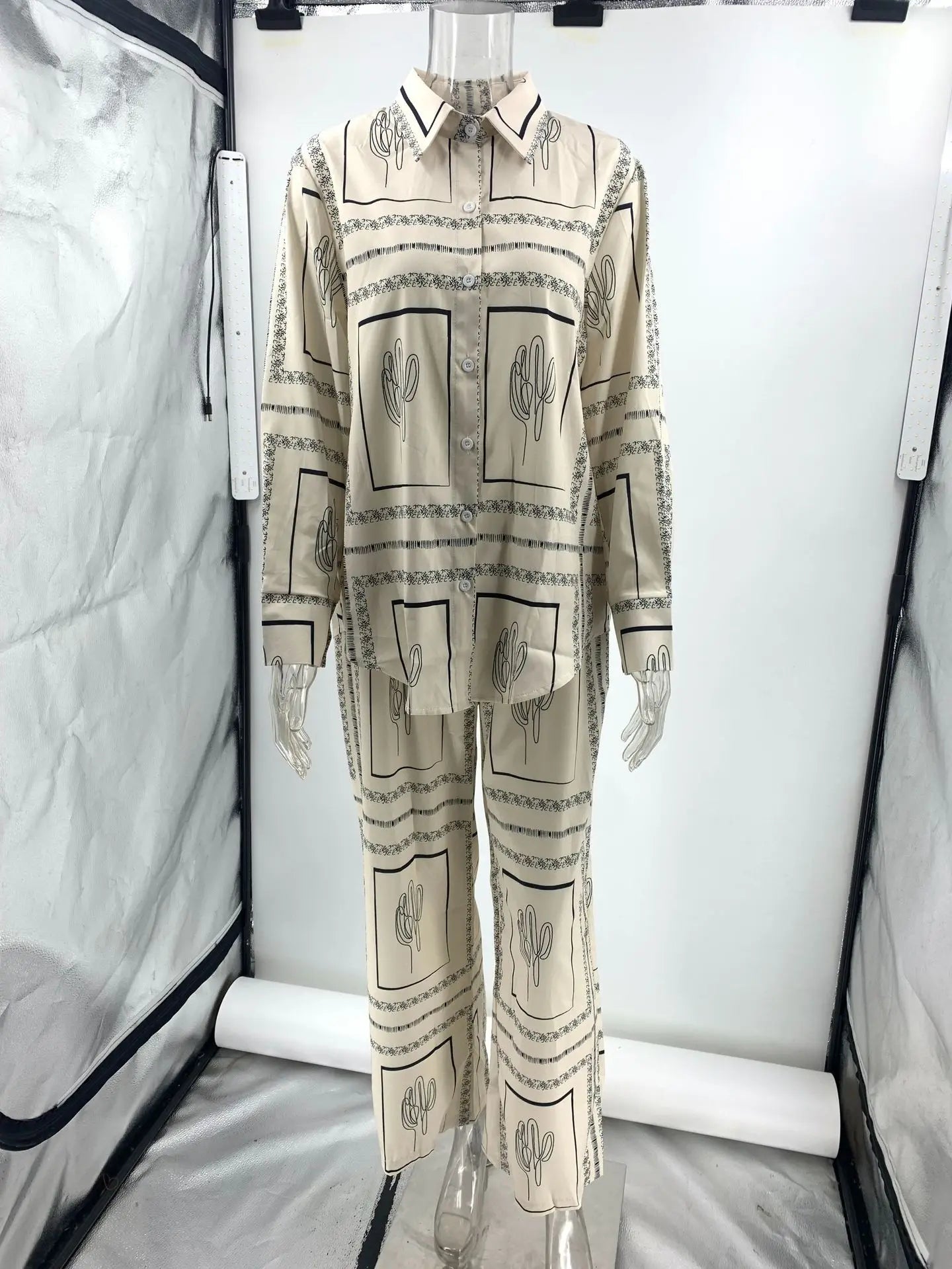 Printed Shirts Two Piece Set Women Long Sleeve Lapel Shirts High Waist Wide Leg Pants Suit For Women
