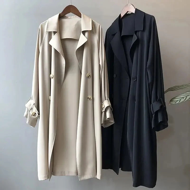 Women's Midi Length Coat - British Style Draped Windbreaker
