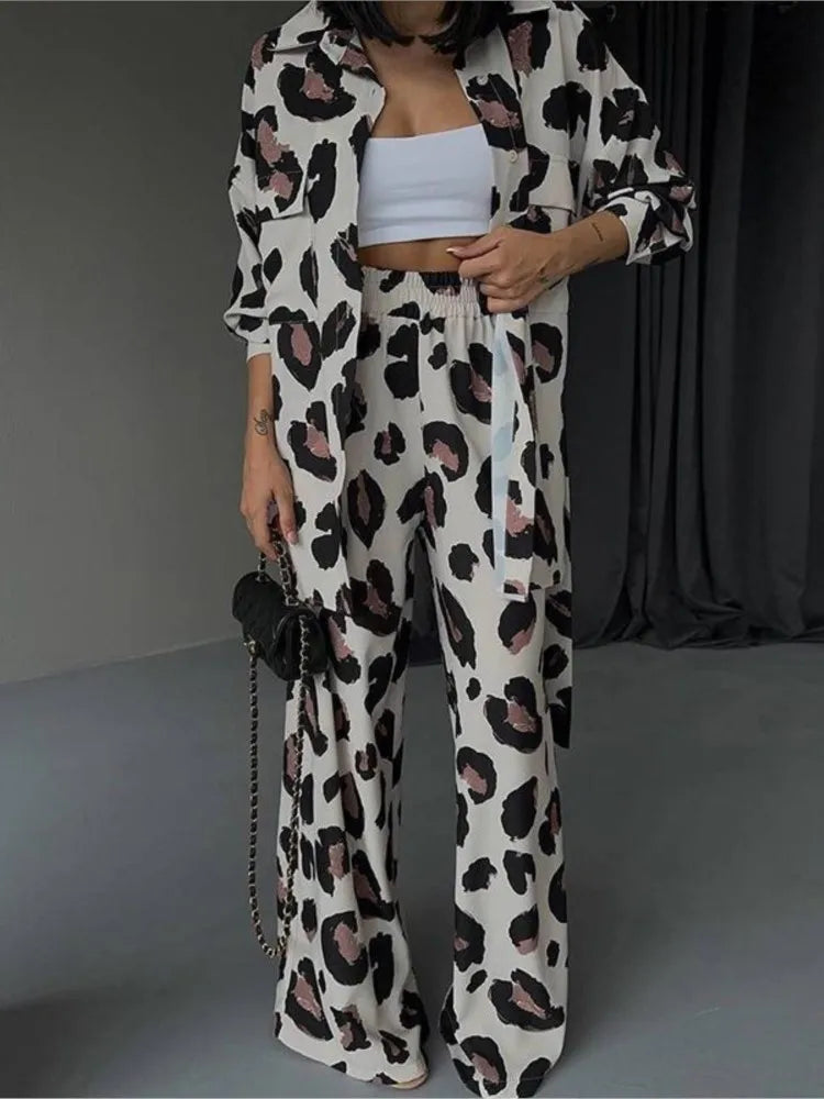 Leopard Print Women's Two Piece Sets Elegant Casual Button Streetwear Long Sleeve Shirt And Wide Leg Pants 2 Piece Sets