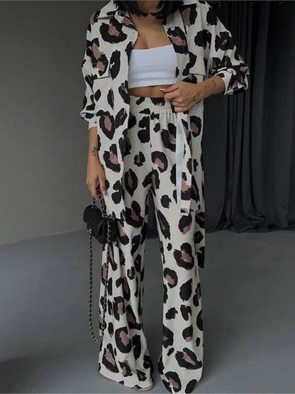 Leopard Print Women's Two Piece Sets Elegant Casual Button Streetwear Long Sleeve Shirt And Wide Leg Pants 2 Piece Sets