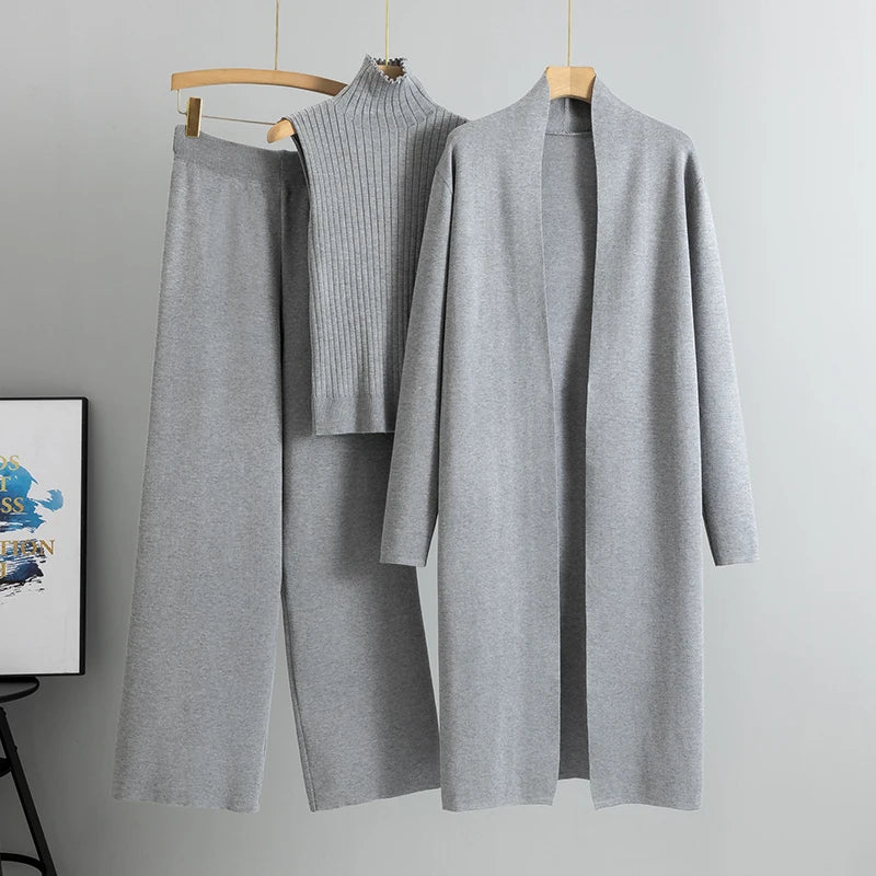 Women's 3 Piece Cardigan Set - Knitted Tracksuit & Pants