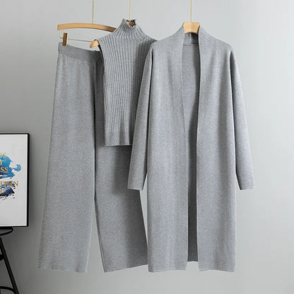 Women's 3 Piece Cardigan Set - Knitted Tracksuit & Pants