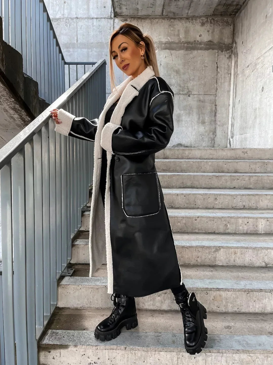 Women's Long Leather Coat - Casual Windbreaker with Belt