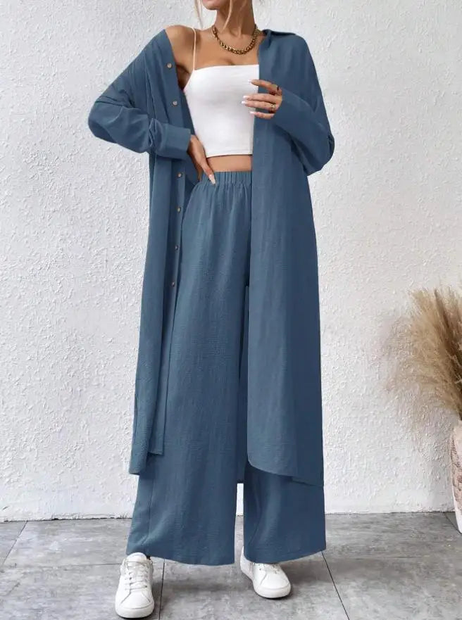 Two Piece Sets Women Solid Long Cardigan Full Sleeve Shirts Button Wide Leg Pants Suits Solid Loose Casual Lady Spring