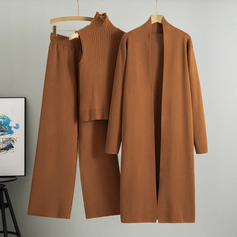 Women's 3 Piece Cardigan Set - Knitted Tracksuit & Pants