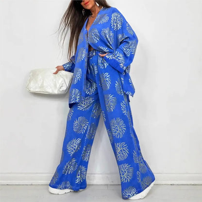 l Printed Gold Embossed Loose Long-sleeved Shirt Suit Laid-back Pocket Wide-leg Trousers Elegant Female 2 Piece Set