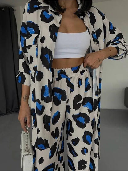 Leopard Print Women's Two Piece Sets Elegant Casual Button Streetwear Long Sleeve Shirt And Wide Leg Pants 2 Piece Sets
