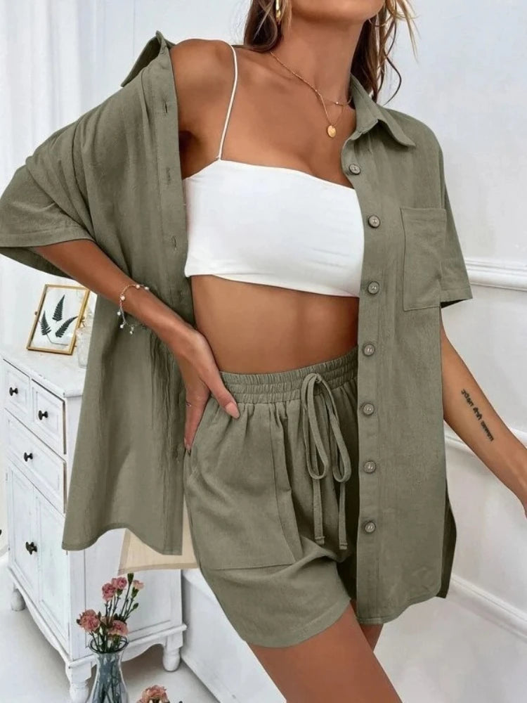 Womens Two Peice Sets Fashion Shorts Solid Color Shirts Set Short-sleeved Casual Loosesingle-breasted Women's 2 Piece Sets