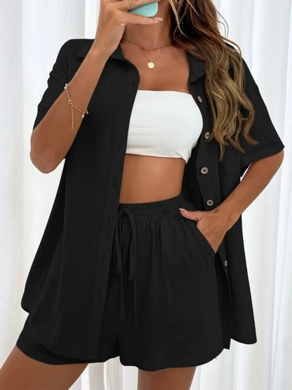 Womens Two Peice Sets Fashion Shorts Solid Color Shirts Set Short-sleeved Casual Loosesingle-breasted Women's 2 Piece Sets