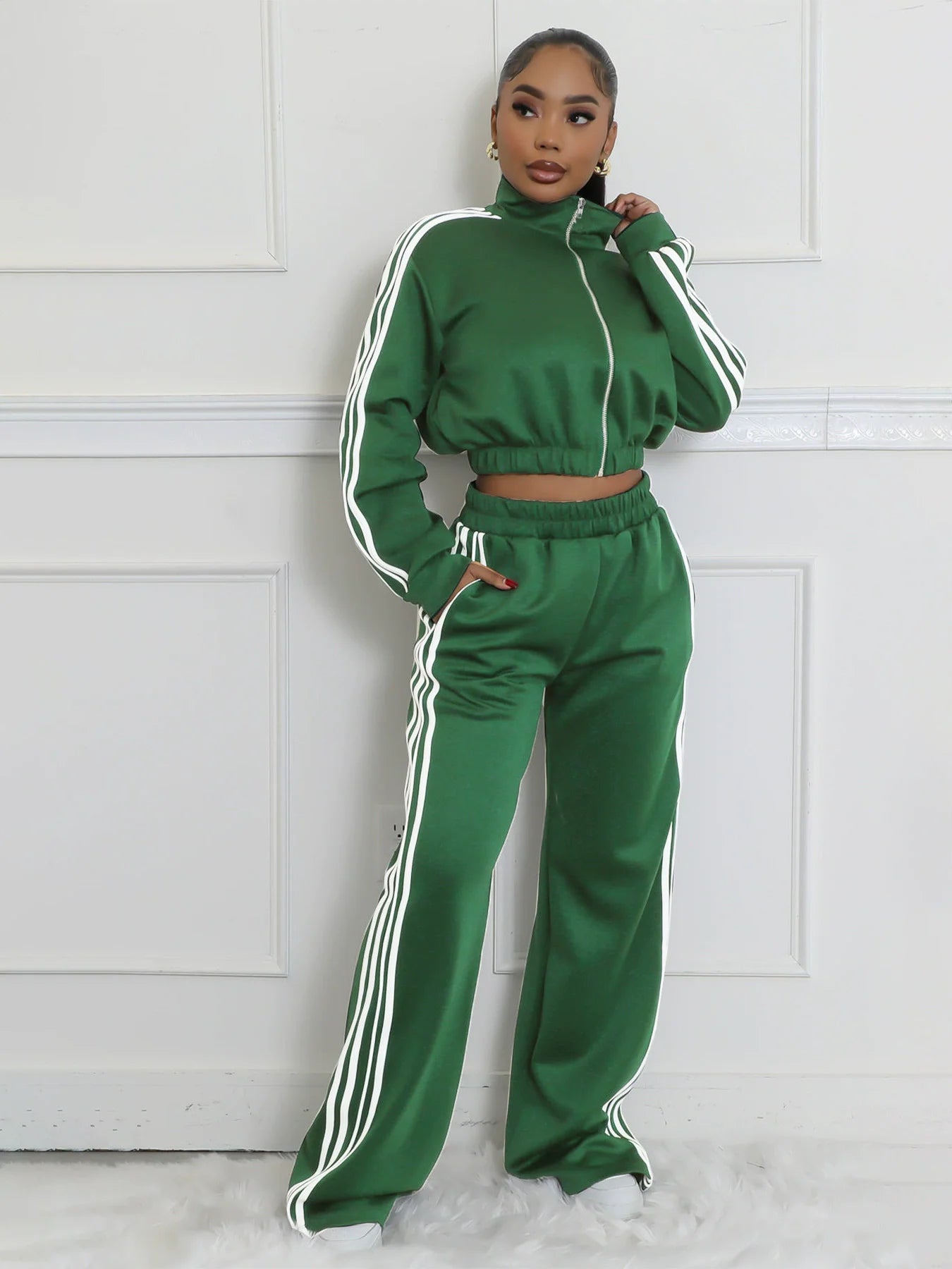 Active wear Women's Set Long Sleeve Striped Sweatshirt+Straight Pants