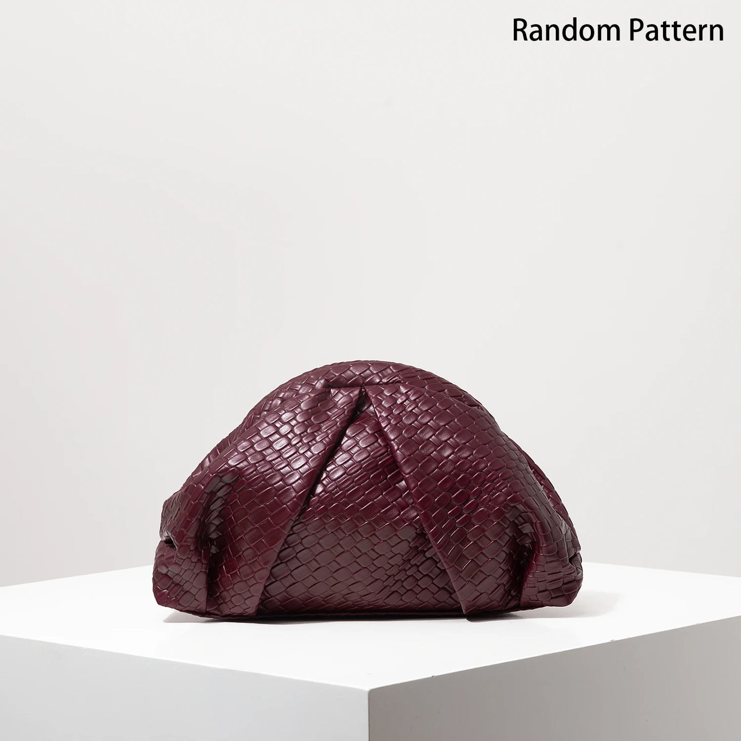 Vintage Artificial Leather Woven Pattern Clutch Bag, Burgundy Purse, Porm Dresses for Women, Shell Bag, Ruched Clouds Bag