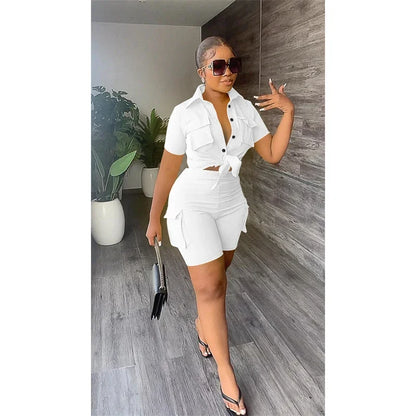 Women's Streetwear Two Piece Set - Summer Button-Up Shorts
